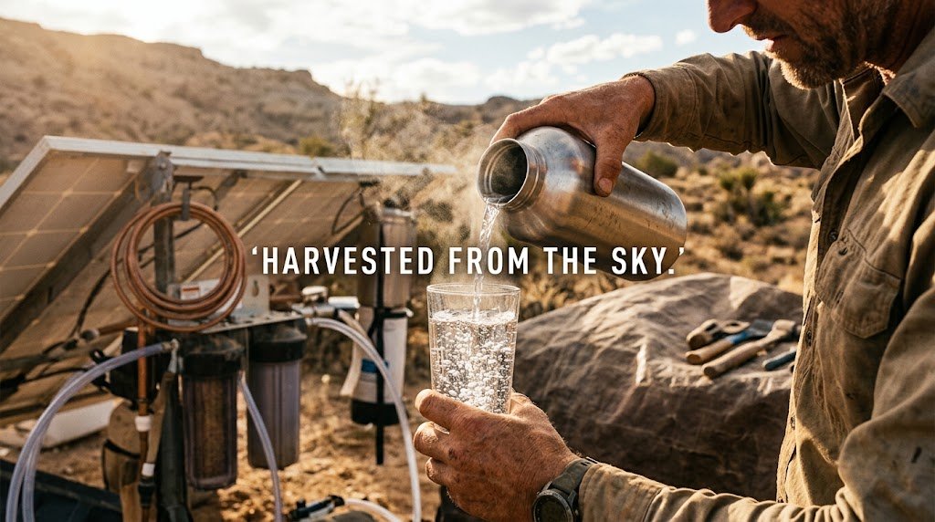 Man pouring clean water from a stainless steel bottle into a glass using a DIY atmospheric water generator in an off-grid desert setup