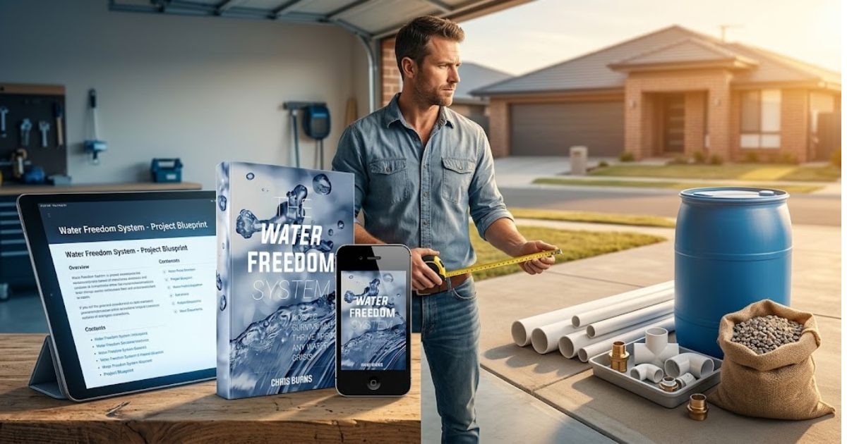 DIY Water Freedom System build time setup showing PVC pipes, tools, and a 55-gallon barrel on a workbench